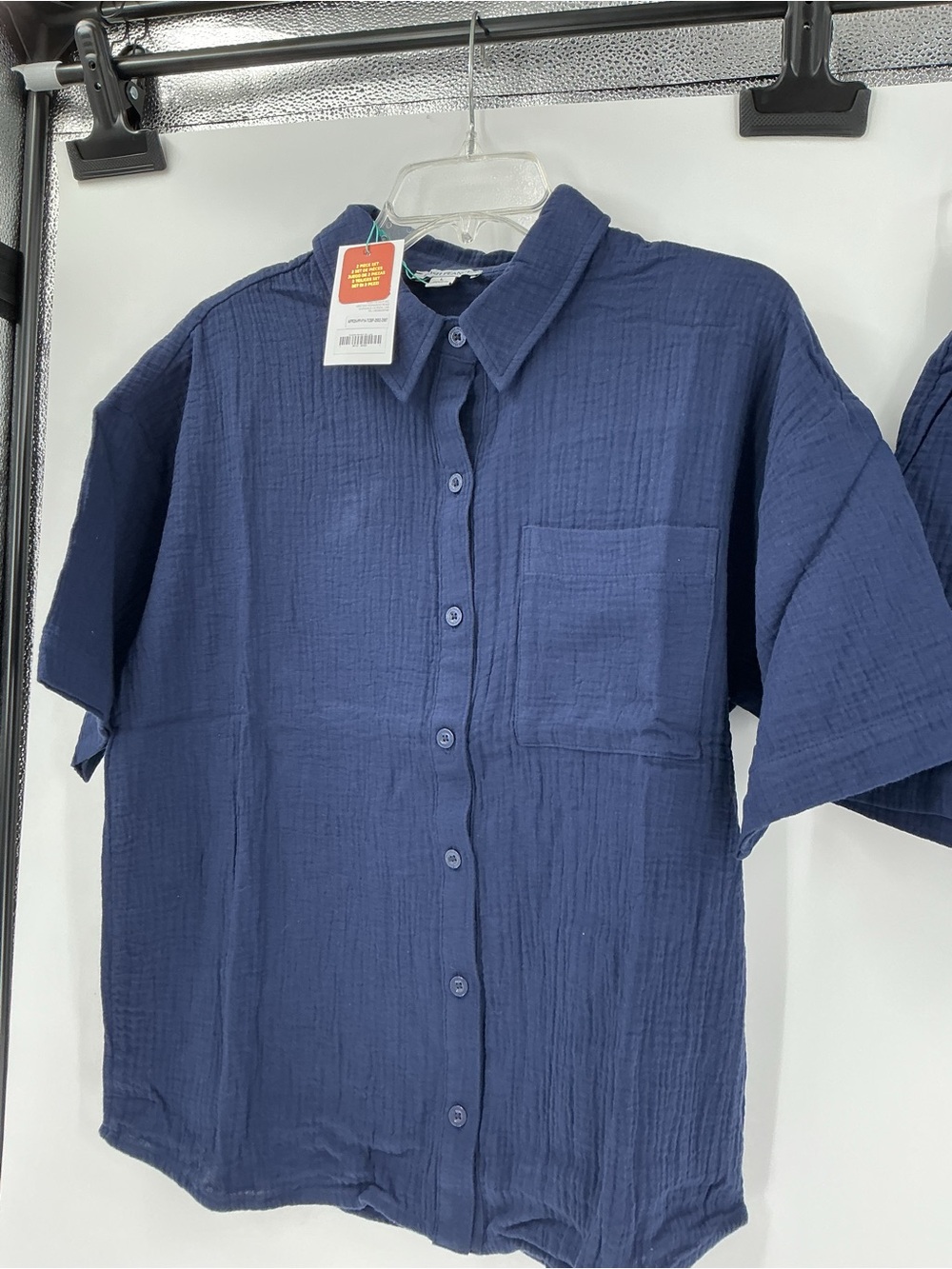 Posh Peanut 2 Piece Gauze Set L Navy Blue Button Up Shirt Shorts Lounge NWT - Picture 4 of 9